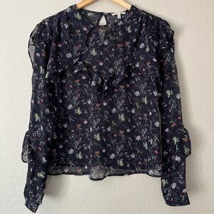 Bleuh Ciel Sheer Ruffled Floral Blouse Keyhole Back Women’s Medium Long Sleeve